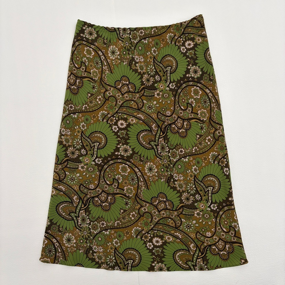 VTG Midi Skirt Paisley Floral Print Large Green Brown